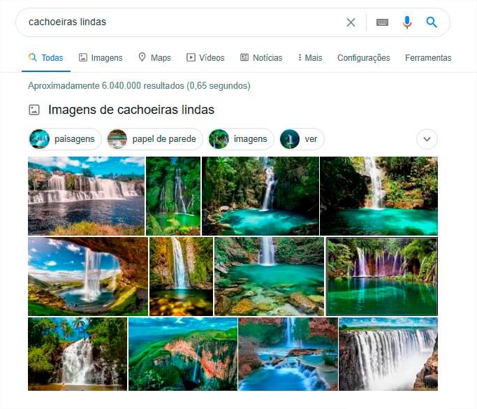 captura de tela da página de resultados do Google para a busca "cachoeiras lindas"