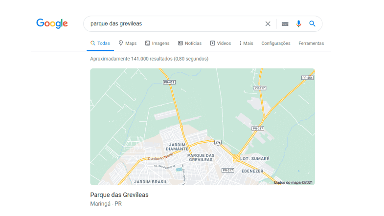 captura de tela mostrando o Google Maps com a localização "parque das grevíleas"