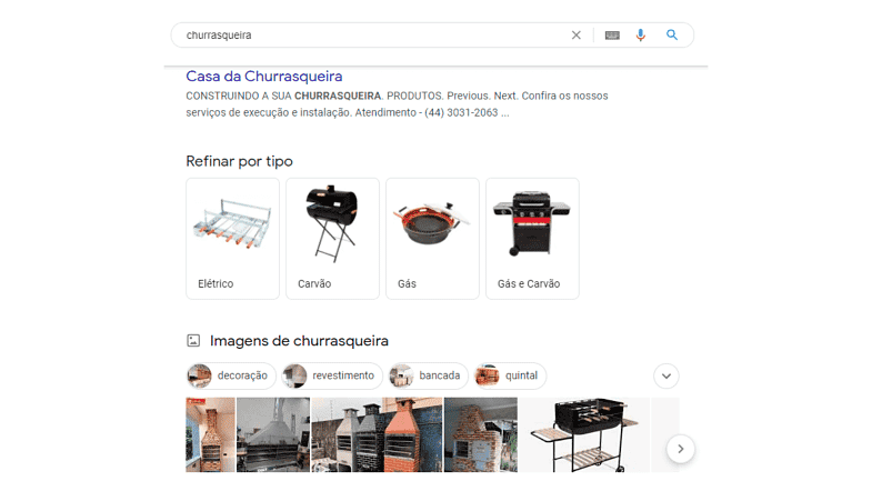 página de resultados do Google, retornando as respostas para a busca "churrasqueira"