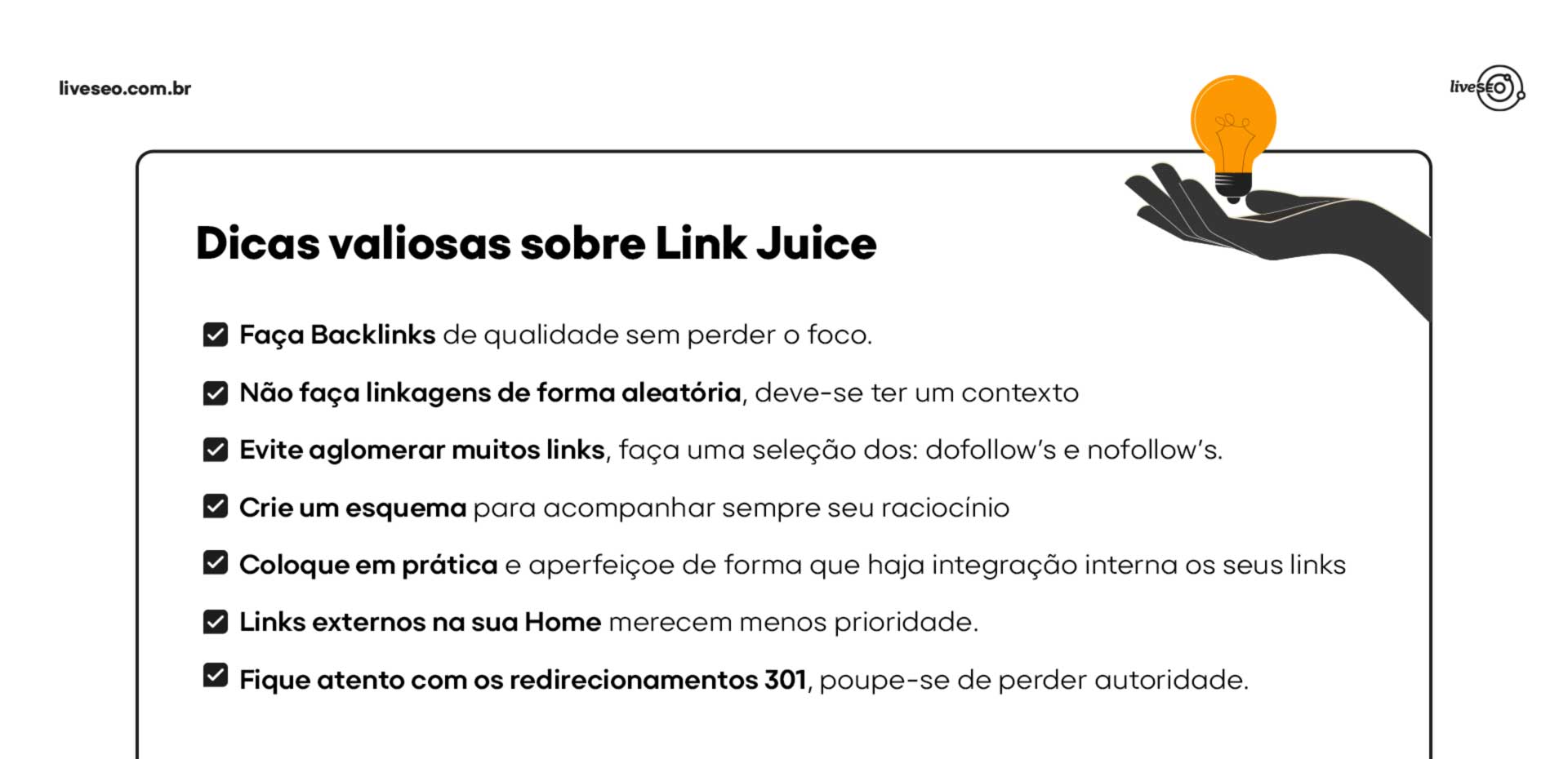 Quadro em formato de checklist com ações para Link Juice.