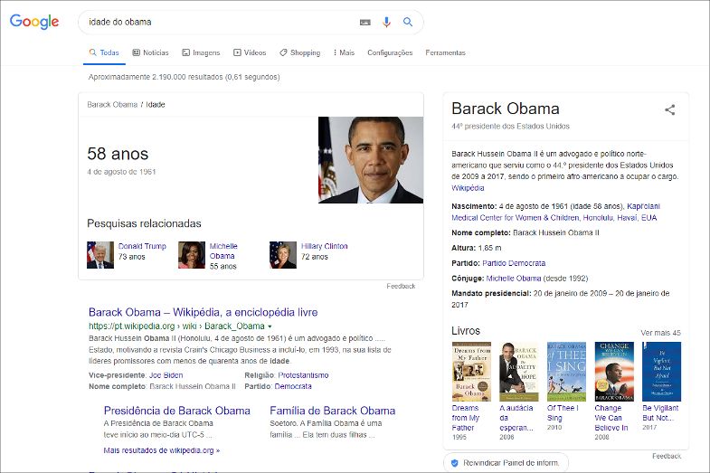 Exemplo de Rich Results perguntando ao Google idade do Barack Obama