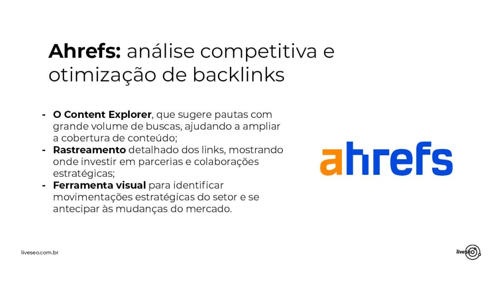 painel em branco com a logo do Ahrefs com algumas informações sobre as funções dessa ferramenta em um fundo branco 