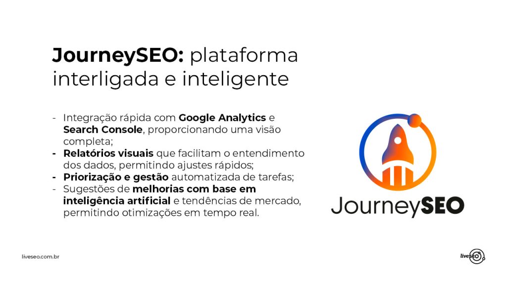 painel em branco com a logo do JourneySEO com algumas informações sobre as funções dessa ferramenta em um fundo branco 