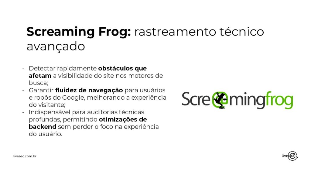 painel em branco com a logo do Screaming Frog com algumas informações sobre as funções dessa ferramenta em um fundo branco 