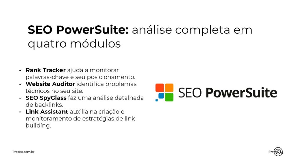painel em branco com a logo do SEO PowerSuit com algumas informações sobre as funções dessa ferramenta em um fundo branco 
